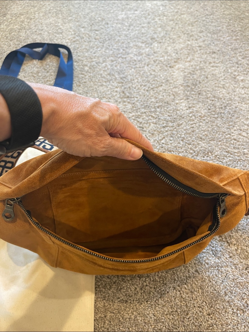 Parker Thatch caramel Suede Crossbody Belt Bag with Patterned Strap - Picture 4 of 7